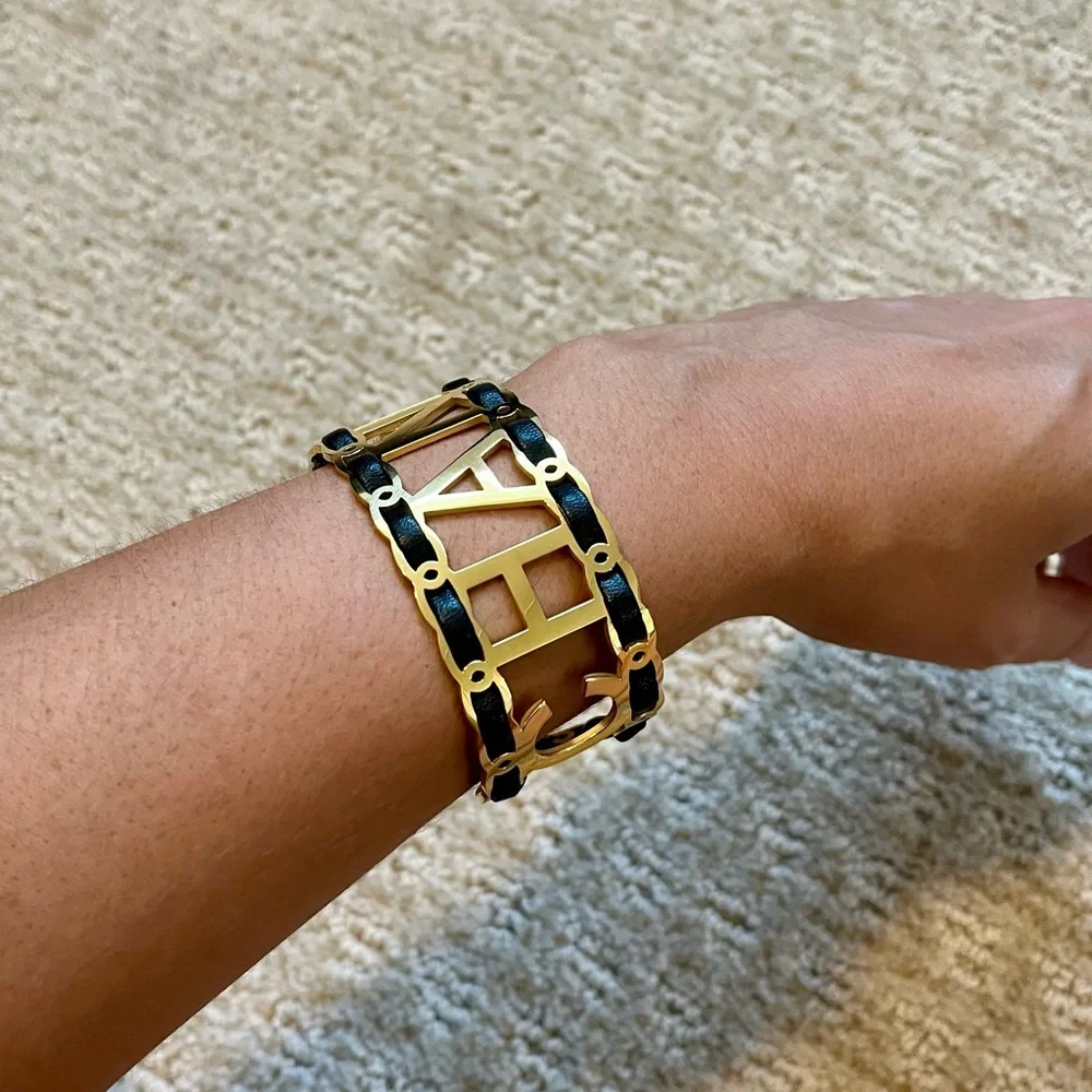 Gold and Black Leather Adjustable Cuff Bracelet - Picture 3 of 3
